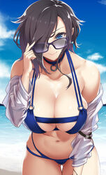  ark_royal_(azur_lane) ark_royal_(coast_watcher)_(azur_lane) azur_lane bare_shoulders beach bikini blue_bikini blue_eyes breasts cleavage collarbone day detached_sleeves eyewear_pull female hair_over_one_eye highres large_breasts leaning_forward long_hair looking_over_eyewear morimoto_kiyona navel o-ring o-ring_bikini official_alternate_costume outdoors purple-framed_eyewear raised_eyebrow skindentation sky smile solo sunglasses swimsuit thigh_gap thighs 