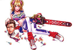  1boy blonde_hair blood blue_eyes breasts brown_eyes brown_hair candy chainsaw cheerleader cleavage clothes_writing couple crop_top female food grasshopper_manufacture highres juliet_starling leg_warmers lollipop lollipop_chainsaw long_hair midriff miniskirt necktie nick_carlyle scrunchie severed_head shoes short_hair sitting skirt sneakers thighhighs twintails white_background white_legwear yamashita_shun&#039;ya 