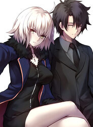  1boy ahoge black_dress black_hair black_necktie black_suit blue_coat blush breasts closed_eyes closed_mouth coat collared_shirt commentary crossed_legs dress fate/grand_order fate_(series) female formal fujimaru_ritsuka_(male) fujimaru_ritsuka_(male)_(royal_brand) fur-trimmed_sleeves fur_collar fur_trim grey_shirt hair_between_eyes highres jeanne_d&#039;arc_alter_(fate) jeanne_d&#039;arc_alter_(ver._shinjuku_1999)_(fate) jewelry large_breasts long_sleeves looking_at_viewer necklace necktie official_alternate_costume open_clothes open_coat pale_skin parted_bangs red_coat shigure_s shirt short_dress short_hair simple_background sitting suit taut_clothes taut_dress white_background white_hair yellow_eyes 