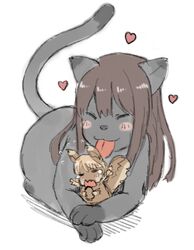  animal_ears animal_focus animalization black_hair cat_ears cat_tail closed_eyes commentary_request feline heart highres hug idolmaster idolmaster_cinderella_girls licking long_hair morikubo_nono paw_pose shibuya_rin squirrel squirrel_ears squirrel_tail suzuya_wataru tail tongue tongue_out 