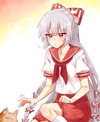  6_(yuchae) adapted_costume commentary feline female fujiwara_no_mokou hair_ribbon lenny_face long_hair meme pleated_skirt protected_link red_eyes ribbon school_uniform serafuku skirt solo squatting sweat touhou whiskers white_hair 