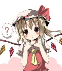  :x ? ascot blonde_hair blush commentary_request female flandre_scarlet hands_on_own_chest hat head_tilt kazura red_eyes side_ponytail solo touhou upper_body wings 