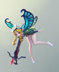  absurdres bare_legs blonde_hair braid closed_mouth commentary crossbow dress dusttodusk fairy fairy_wings female flower flying full_body green_dress grey_background hair_flower hair_ornament highres long_hair long_sleeves looking_at_viewer mercedes_(odin_sphere) odin_sphere parted_bangs parted_lips photoshop_(medium) pointy_ears puffy_long_sleeves puffy_sleeves purple_eyes shoes simple_background solo twin_braids weapon white_footwear wings 