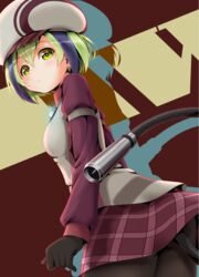  black_gloves black_hair black_pantyhose blush cable cable_tail commentary_request dimension_w female gloves green_eyes green_hair hane_yoshiyumi hat highres looking_back mechanical_tail multicolored_hair pantyhose short_hair solo streaked_hair tail two-tone_hair yurizaki_mira 