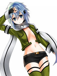  belt blue_eyes blue_hair commentary_request cropped_jacket female fingerless_gloves gloves highres jacket looking_at_viewer navel no_bra open_clothes open_jacket scarf shiny_skin short_hair short_shorts shorts sinon sword_art_online taiga~midnight 