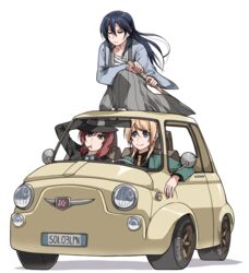  3girls arsene_lupin_iii arsene_lupin_iii_(cosplay) ayase_eli blonde_hair blue_eyes blue_hair car clipe closed_eyes commentary_request cosplay fiat fiat_500 green_jacket ishikawa_goemon_xiii ishikawa_goemon_xiii_(cosplay) jacket jigen_daisuke jigen_daisuke_(cosplay) left-hand_drive love_live! love_live!_school_idol_project lupin_iii motor_vehicle multiple_girls necktie nishikino_maki parody purple_eyes red_hair sonoda_umi vehicle_focus yellow_necktie 