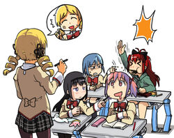  5girls akemi_homura anger_vein bad_id bad_pixiv_id black_hair blonde_hair blue_hair classroom drooling eating eating_during_class food hobbang kaname_madoka kyuubee long_hair mahou_shoujo_madoka_magica mahou_shoujo_madoka_magica_(anime) miki_sayaka mitakihara_school_uniform multiple_girls pantyhose photoshop_(medium) pink_hair pocky red_hair sakura_kyoko school_uniform short_hair tomoe_mami 