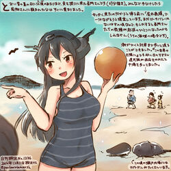  3girls ball beach beachball black_hair breasts commentary_request dated day headgear horseshoe_crab kantai_collection kirisawa_juuzou kono_sekai_no_katasumi_ni kuchiku_i-kyuu large_breasts long_hair multiple_girls nagato_(kancolle) pointing red_eyes smile solo_focus swimsuit traditional_media translation_request twitter_username urano_suzu 