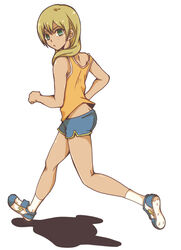  1boy androgynous ass blonde_hair blue_shorts commentary_request from_behind full_body green_eyes inazuma_eleven inazuma_eleven_(series) male_focus miyasaka_ryou pogemi raimon_track_uniform running short_shorts shorts simple_background solo tank_top white_background 