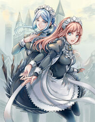  2girls artist_request blue_hair dress felicia_(fire_emblem_if) fire_emblem fire_emblem_if flora_(fire_emblem_if) maid multiple_girls nintendo pink_hair ponytail sisters 