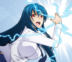  blue_hair dcd diamond_cut_diamond electricity kenji_t1710 light long_hair open_mouth red_eyes shigyou_yuuyami solo taguchi_kenji 