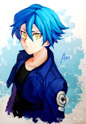  androgynous bad_id bad_pixiv_id black_shirt blue_hair character_name dragon_ball dragon_ball_xenoverse female jacket mirai_senshi muraosa_(conjecture) painting_(medium) shirt solo traditional_media twitter_username upper_body watercolor_(medium) yellow_eyes 