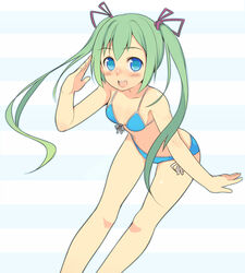  :d bikini blue_eyes blush commentary_request female front-tie_top green_hair highres leaning_forward long_hair looking_at_viewer open_mouth original oza_watto salute side-tie_bikini_bottom smile solo standing swimsuit twintails 