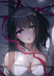  absurdres black_hair bra breasts cleavage commentary english_commentary female highres kuzu_no_honkai lens_flare looking_at_viewer lying medium_breasts mixed-language_commentary on_back photoshop_(medium) ribbon school_uniform short_hair solo tears underwear yasuraoka_hanabi yusan 