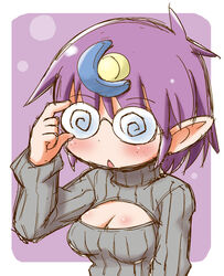  @_@ adjusting_eyewear arara_cocoa blush breasts cleavage cleavage_cutout clothing_cutout coke-bottle_glasses commentary_request crescent crescent_hair_ornament female freckles gerotan glasses hair_ornament medium_breasts meme_attire ng_knight_lamune_&amp;_40 open-chest_sweater pointy_ears purple_hair ribbed_sweater round_eyewear short_hair solo sweater 