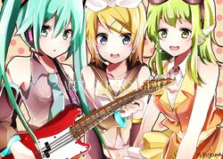  3girls artist_name bad_id bad_pixiv_id blonde_hair blue_eyes character_name crop_top detached_sleeves electric_guitar green_eyes green_hair guitar gumi hair_ornament hair_ribbon hairclip hatsune_miku headset instrument kagamine_rin long_hair midriff multiple_girls navel necktie open_mouth ribbon short_hair twintails vocaloid yokoyama 