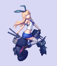  :o absurdres alternate_eye_color armband armpits bare_shoulders black_bow blonde_hair blue_neckerchief blue_skirt blush boots bow brown_footwear cannon chestnut_mouth commentary_request crop_top dusttodusk female from_side full_body grey_background hairbow highres kantai_collection long_hair looking_at_viewer looking_to_the_side machinery midriff miniskirt neckerchief photoshop_(medium) pink_eyes pleated_skirt rensouhou-chan shimakaze_(kancolle) shirt simple_background skirt solo thighhighs white_shirt white_thighhighs 