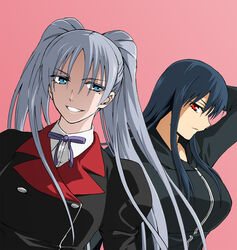  2girls blue_eyes blue_hair dcd diamond_cut_diamond grey_hair kenji_t1710 mole multiple_girls red_eyes shigyou_yuuyami smile taguchi_kenji twintails yodogimi_rinko 