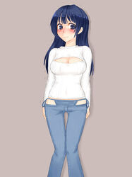  against_wall arms_at_sides bikini_jeans blue_eyes blue_hair blue_heroine_(boyfriend_(kari)) blush boyfriend_(kari) breasts brown_background cleavage cleavage_cutout clothing_cutout commentary_request corgi_sleeping denim embarrassed feet_out_of_frame female jeans knees_together_feet_apart large_breasts long_hair long_sleeves looking_at_viewer lowleg lowleg_pants meme_attire midriff_peek nose_blush open-chest_sweater pants ribbed_sweater ringed_eyes simple_background solo standing sweater tearing_up tears thigh_gap trembling underwear wavy_mouth 