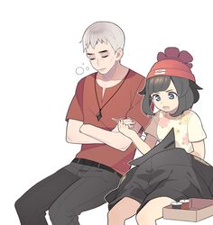  1boy bad_id bad_pixiv_id bare_legs beanie black_hair blue_eyes female floral_print grey_hair hat holding holding_needle jacket nanu_(pokemon) needle open_mouth pokemon pokemon_sm red_hat selene_(pokemon) sewing sewing_needle shirt short_hair short_sleeves simple_background sitting sleeping sleeping_upright swept_bangs t-shirt toypatriot white_background wrinkled_skin z-crystal 