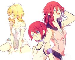  2girls age_difference aged_down aged_up armband blonde_hair blue_eyes bracelet breasts choker chokota commentary_request dress flat_chest hood hoodie jewelry kairi_(kingdom_hearts) kingdom_hearts long_hair looking_at_viewer looking_away messy_hair multiple_girls namine necklace red_hair sandals short_hair sitting sleeveless sleeveless_hoodie small_breasts strap_slip tank_top wariza 