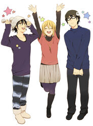  2boys :d arms_up beanie blush boots closed_eyes commentary_request female fujisaki_yuusuke glasses hat jewelry karuha multiple_boys necklace onizuka_hime open_mouth pantyhose purple_legwear simple_background sket_dance skirt smile standing standing_on_one_leg sweater usui_kazuyoshi white_background 