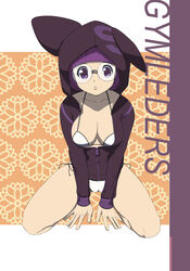  bee-j1 bikini breasts cameltoe cleavage elite_four engrish female frown full_body glasses highres hood kneeling makoto_daikichi nintendo pokemon pokemon_(game) pokemon_black_and_white pokemon_bw purple_eyes purple_hair ranguage shikimi_(pokemon) short_hair solo sweatshirt swimsuit typo zipper 