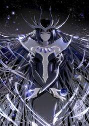  bare_shoulders black_dress black_hair blue_eyes cardcaptor_sakura clow_card colored_skin commentary_request dark_(clow_card) dress female gem grey_skin headpiece jewelry long_hair long_sleeves looking_at_viewer navel night night_sky sky solo winni 