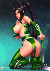  akali akali_(legacy) armpits ass bare_shoulders black_hair breasts closed_mouth commentary detached_sleeves english_commentary female from_side full_body green_eyes green_thighhighs highres kneeling large_breasts league_of_legends long_hair looking_at_viewer looking_to_the_side patreon_logo patreon_username pelvic_curtain photoshop_(medium) ponytail revealing_clothes sickle sideboob solo svoidist thighhighs watermark 