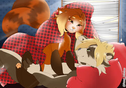  bear bed duo eye_contact femboy furniture fuzzy-britches giant_panda hi_res looking_at_another looking_at_partner male male/male mammal morning pawpads plaid procyonid raccoon shuttercoon straddling thick_thighs 