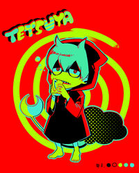  1boy bad_id bad_pixiv_id barefoot character_name color_guide crescent cup full_body halftone hood limited_palette male_focus mug photoshop_(medium) red_background red_eyes sharp_teeth simple_background solo standing teeth tetsuya_(youkai_watch) traditional_youkai wa_(wakana) youkai_(youkai_watch) youkai_watch 