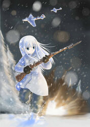  absurdres aircraft airplane battle bayonet blue_eyes bolt_action commentary_request erica_(naze1940) explosion female finnish_army genderswap_(mtf) gloves gun highres il-2 long_hair military mosin-nagant original red_star rifle rule_63 running simo_hayha snow snowing star_(symbol) war weapon white_hair winter winter_clothes world_war_ii 