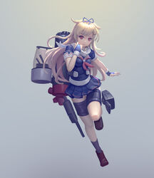  absurdres blonde_hair blue_gloves blue_ribbon blue_shirt brown_footwear cannon commentary dusttodusk female fingerless_gloves full_body gloves grey_background grin hair_flaps hair_ornament hair_ribbon hairclip hand_up highres kantai_collection long_hair looking_at_viewer machinery miniskirt neckerchief photoshop_(medium) pleated_skirt puffy_short_sleeves puffy_sleeves purple_socks red_eyes red_neckerchief ribbon rigging scarf school_uniform serafuku shirt shoes short_sleeves simple_background skirt smile socks solo standing yuudachi_(kancolle) yuudachi_kai_ni_(kancolle) 