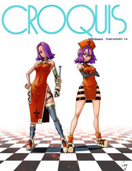  2girls aqua_eyes asymmetrical_clothes checkered_floor commentary_request cony_(la_locura) crossed_arms elbow_gloves gloves highres libra_(cony) multiple_girls original photoshop_(medium) prosthesis prosthetic_arm purple_hair siblings sisters virgo_(cony) weapon 