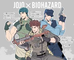  3boys bad_id bad_pixiv_id battle_tendency blue_hair brown_hair chris_redfield chris_redfield_(cosplay) commentary_request cosplay crossbow family fingerless_gloves gloves grandfather_and_grandson gun handgun hat jojo_no_kimyou_na_bouken jonathan_joestar joseph_joestar joseph_joestar_(young) kujo_jotaro leon_s._kennedy leon_s._kennedy_(cosplay) male_focus matthew_mercer multiple_boys parody phantom_blood piers_nivans piers_nivans_(cosplay) resident_evil resident_evil_6 scarf signature stardust_crusaders takashi_(huzakenna) translated vest voice_actor_connection weapon 