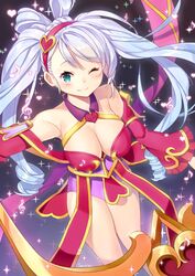  ;) aqua_eyes artist_name bad_id bad_pixiv_id bare_shoulders blue_hair blush breasts cleavage detached_sleeves eighth_note female goyain hair_ornament hairband heart heart_hair_ornament highres large_breasts league_of_legends looking_at_viewer musical_note one_eye_closed smile solo sona_(league_of_legends) sparkle sweetheart_sona treble_clef twintails 