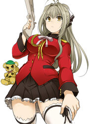  amagi_brilliant_park antenna_hair ass_visible_through_thighs breasts brown_hair commentary_request female gun large_breasts long_hair moffle musket omuraisu_echizen pleated_skirt ponytail sento_isuzu simple_background skirt solo thighhighs weapon white_background 