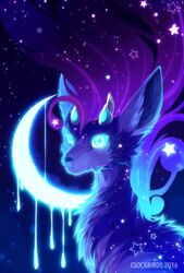  2016 ambiguous_gender blue_body blue_eyes blue_fur blue_hair blue_theme clockbirds cosmic_fur cosmic_hair cosmic_mane countershading crescent_moon dark_theme deer detailed_background digital_media_(artwork) dripping ethereal_hair fan_character feral fur glowing glowing_eyes grey_body grey_countershading hair horn illuima_(clockbirds) ixi_(neopets) jumpstart_games looking_at_viewer looking_back mammal moon neopet_(species) neopets night night_sky_body outside portrait pseudo_hair purple_hair sky solo star starry_sky 