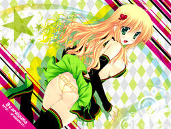  araiguma bad_id bad_pixiv_id blonde_hair breasts detached_sleeves female green_eyes hair_ornament heart hoshii_miki idolmaster idolmaster_(classic) long_hair looking_back medium_breasts panties sideboob solo star_(symbol) striped_clothes striped_panties thighhighs underwear 