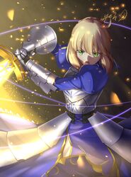  ahoge armor armored_dress artoria_pendragon_(fate) battle blonde_hair blue_dress commentary_request dress excalibur_(fate/stay_night) fate/stay_night fate_(series) faulds female gauntlets glint glowing glowing_sword glowing_weapon green_eyes holding holding_sword holding_weapon light_particles looking_at_viewer night saber_(fate) short_hair solo sword weapon yeh_(354162698) 