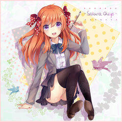  animal_print arm_support bird_print black_thighhighs blazer blush bow bowtie brush calligraphy_brush character_name commentary_request female framed full_body gekkan_shoujo_nozaki-kun hairbow highres jacket leaf long_hair looking_at_viewer open_mouth orange_hair paintbrush photoshop_(medium) pleated_skirt polka_dot polka_dot_bow purple_eyes ribbon rouman_academy_school_uniform sakura_chiyo school_uniform shirt shoes silhouette sitting skirt smile solo teka thighhighs white_shirt 