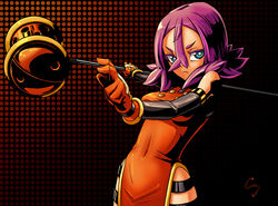  commentary_request cony_(la_locura) elbow_gloves female gloves hammer libra_(cony) original photoshop_(medium) purple_hair solo weapon 