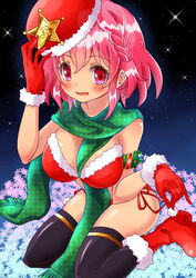  absurdres bad_id bad_pixiv_id bikini blush braid breasts christmas cleavage commentary_request female fur_trim genderswap_(mtf) gloves hair_ornament hat highres large_breasts looking_at_viewer mole mole_under_eye open_mouth pink_eyes pink_hair pretty_series pripara reona_west rule_63 santa_bikini santa_hat scarf short_hair solo soraryu_saworu star_(symbol) star_hair_ornament swimsuit thighhighs 