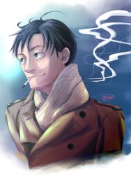  1boy artist_name bad_id bad_pixiv_id blue_eyes brown_coat cheekbones cigarette closed_mouth coat commentary_request light_smile looking_to_the_side male_focus mouth_hold rossa_(grandemilan) sangatsu_no_lion scarf shimada_kai_(sangatsu_no_lion) smoke smoking solo upper_body white_scarf 