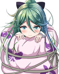  blanket blue_eyes bound commentary_request cosplay denpa_onna_to_seishun_otoko eyelashes female floral_print green_hair hair_between_eyes hair_ornament hairclip highres kantai_collection kuroame_(kurinohana) long_hair pink_lips rolled_up simple_background solo sparkle tied_up_(nonsexual) touwa_erio touwa_erio_(cosplay) white_background yamakaze_(kancolle) 