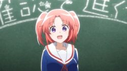  :d animated animated anime_screenshot artist_request blinking blush bouncing_breasts breasts chalkboard dancing female indoors large_breasts long_sleeves looking_at_viewer mikakunin_de_shinkoukei neck_ribbon open_mouth pink_hair purple_eyes ribbon school_uniform serafuku smile solo star_(symbol) tomadoi_recipe two_side_up upper_body watermark yonomori_kobeni 