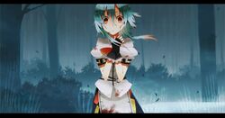  alternate_hairstyle blood blood_on_clothes blood_on_face blue_hair brown_eyes commentary_request female fingerless_gloves gloves hinanawi_tenshi letterboxed looking_at_viewer own_hands_together short_hair short_hair_with_long_locks solo tenco&#039;s_story touhou tsukugu wind 