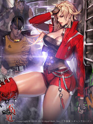  2boys blonde_hair boots breasts brown_eyes chains cleavage commentary dated earrings female fingerless_gloves folding_knife furyou_michi_~gang_road~ gloves hyulla jewelry large_breasts multiple_boys official_art photoshop_(medium) short_hair short_shorts shorts standing thick_thighs thighs 