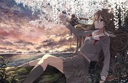  black_socks brown_hair commentary_request female long_hair looking_at_viewer lying original outdoors pleated_skirt red_eyes school_uniform serafuku skirt socks solo tree tsukugu 