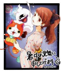  &gt;_o bad_id bad_pixiv_id blush brown_eyes brown_hair fangs feline female fireworks food food_on_face ghost haramaki high_ponytail ikayaki japanese_clothes jibanyan kimono kodama_fumika long_hair looking_at_viewer multiple_tails notched_ear one_eye_closed open_mouth photoshop_(medium) purple_lips shaft_look shochuumimai summer_festival tail twitter_username two_tails wa_(wakana) water_yoyo whisper_(youkai_watch) youkai_(youkai_watch) youkai_watch yukata 